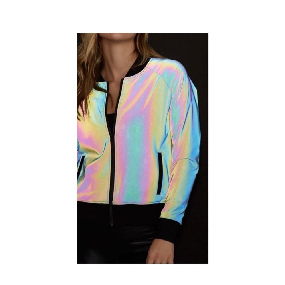 Holographic Reflective Bomber Jacket Iridescent Silver Black Line Noli, Size S